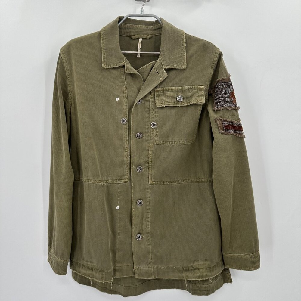 Free People Army Green Embellished Military Shirt Jacket size XS Oversized